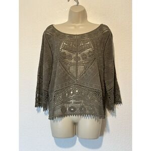 Embroidered Open Knit Top Size M Green Boho Peasant Boxy Festival